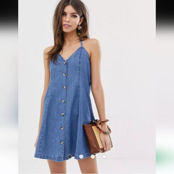 ASOS Design Midwash Chambray Halter Neck Button Down Mini Dress 6 UK 10 (21) - Picture 1 of 11